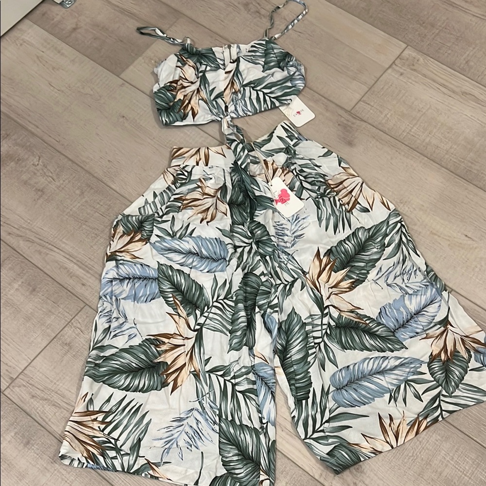 L'ATISTE Green and Blue Palm Leaf Jumpsuit with Wide-Leg Design